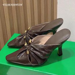 Slippers Beige Genuine Leather Fashion Slipper Shoes Metal Buckle Pleated Pointy Toe Half Slides 2024 Autumn Daily Mules