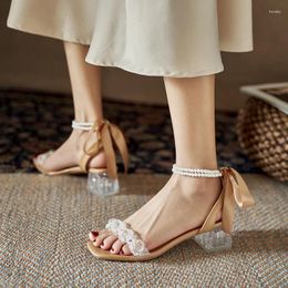 Dress Shoes Sexy Crystal Heel Sandals Women Summer Square Head Pearl Bow Word Transparent Thick Sandal For Woman Sapatos Feminino