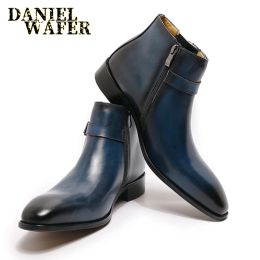 boots Fine Leather Men's Boots Genuine Italian Smooth Ankle Boots Highend Zipper Belt Men's Formal Shoes Blue Basic Boots