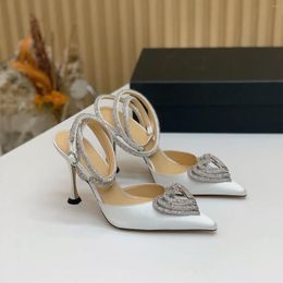 Sandals Women Lady 2024 Poined Toe High Heels Shoes Sacred Heart Crystal Satin Silk Sandalias Slingback Pumps Bridal Wedding