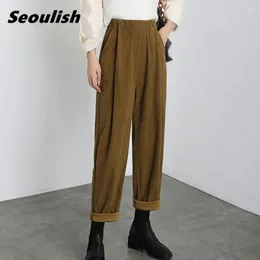 Women's Pants Seoulish Autumn Winter Women Wide Leg Corduroy 2024 Casual Loose Vintage High Waist Button Solid Trousers Female