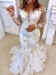 Exquite Lace Appliques Mermaid Wedding Dresses With Detachable Skirt Long Sleeves Sheer Neck African Arabic Bridal Gowns Sweep Train Back Zipper