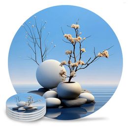 Table Mats Zen Stones Branch Flower Round Coffee Kitchen Accessories Absorbent Ceramic Coasters