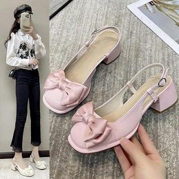 Dress Shoes Baotou Sandals Women's Summer Fairy Style Bow Korean Version Block Heels Mary Jane High