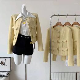 Women's Jackets Yellow Tweed Casual Jacket Long Sleeve Pocket O Neck Fashion Korea Chic High Quality French Small Fragrance Lady Coat