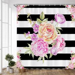 Shower Curtains Black White Striped Floral Set Natural Pink Flowers Peony Plants Polyester Fabric Bathroom Decoration With Hooks