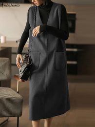 ZANZEA Casual Loose Dress 2024 Spring Apron Vintage Sleeveless Pocket Women Solid Holiday Oversized Vneck Long Robe 240321