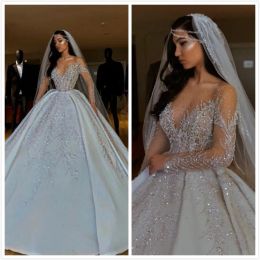 Dresses luxurious sparkly african wedding dresses sheer neck long sleeves bridal dresses beaded sequins satin wedding gowns