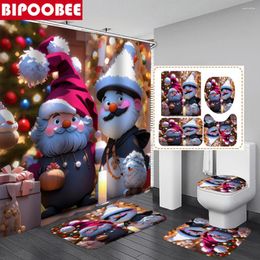 Shower Curtains Cute Santa Snowman Printed For Bathroom Christmas Decor Merry Xmas Bath Mat Rug Toilet Lid Cover Non-slip Carpet