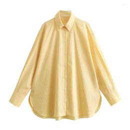 Women's Blouses Zach Ailsa 2024 Spring Product Casual Loose Lapel Long Sleeved Yellow Striped Poplin Single Breasted Shirt