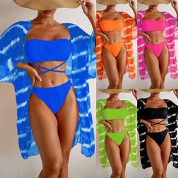 Designer bikini 2024 Solid Colour Colourful Swimsuit Wave Pattern Chiffon Beach Three Piece Bikini Swimsuit bathing suit designer swimwear
