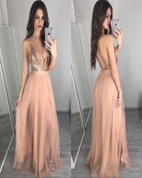 Rose Gold Sequins Evening Dresses Sexy Deep V Neck Backless Bridesmaid Dress Vestidos Cheap Prom Party Gowns7725218