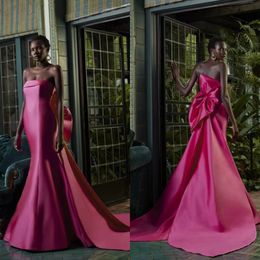 Classy Long Fuchsia Satin Prom Dresses With Bow Mermaid Strapless Neck Satin Watteau Train Zipper Back Evening Dresses for Women