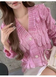 Women's Knits Three-Dimensional Flower Heavy Industry Beads Gradient Colour Knitted Cardigan Female Sweet Cute Gentle Loose Cropped