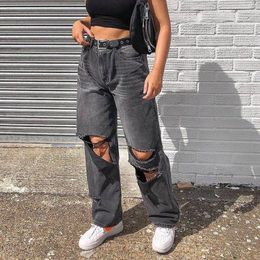 Women's Jeans Women Wide Leg Baggy Ripped Lady Vintage Y2K Punk Loose Oversized Denim Pants Streetwear Fashion Trashy Distressed Trouser