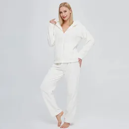 Home Clothing Schinotch Winter Women Pajamas Sets Long Sleeve Hooded Tops Warm Coral Fleece Female Cozy Loungwear