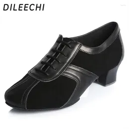 Dance Shoes DILEECHI Men's Latin Genuine Leather Black Velvet Ballroom Dancing Professional Sneakers Heel 4.5cm