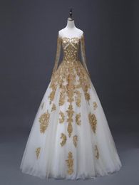 Arabic Gold Appliques Ball Gown Wedding Dresses With Long Sleeves New Real Pos Princess Dubai Wedding Gowns Custom Made6057087