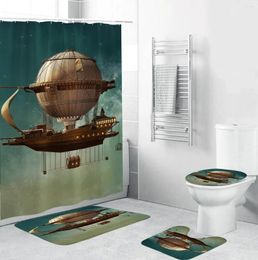 Shower Curtains Air Balloon Airship Spaceship Curtain Polyester Waterproof Bathroom Carpet Rugs Set Non-slip Kitchen/Bath Mat