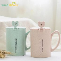 Mugs Wind Flower Coffee Tea Cup With Spoon 450ml Wheat Straw Office Student Creative Eco-Friendly Children And Girls Gifts