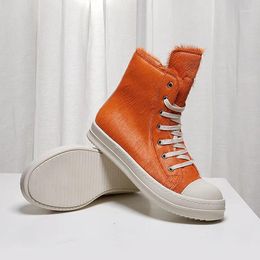 Walking Shoes High Street Brand Sneaker Orange Horsehair Men Lace-up Thick Soled Top Round Toe Women