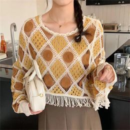 Women's Sweaters Retro Women Crochet Hollow Out Knitted Blouses Spring Autumn Long Sleeve O-Neck Short Tassels Sweater Boho Knitwear Top
