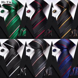 Bow Ties Hi-Tie Striped Navy Blue Mens Fashion Necktie Handkerchief Cufflinks For Tuxedo Accessory Classic Silk Luxury Tie Man Gift