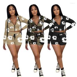 Women's Tracksuits 2024 Floral Ladies Sports Leisure Shorts Suit Spring Outdoor Long-sleeved Hooded Zipper Top & Drawstring