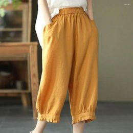 Women's Pants 2024 Spring Summer Retro Cropped Trousers Elastic Waist Women Loose Bloomers Cotton Linen Casual Wide Leg Female