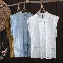 Women's Blouses Bohemian Shirts And Women Tops Summer Korean Fashion Stand Collar Hollow Out Embroidered Cotton