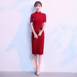 Party Dresses Dress Spring And Summer Solid Colour Red Cheongsam Lace Stand-up Collar Pendant Slit Short-sleeved Slim Women's Clothing M226