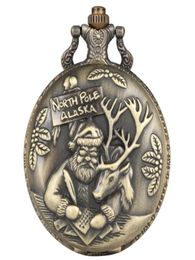 Bronze Christmas Theme Quartz Pocket Watch Santa Claus Elk Display Retro Necklace Chain Clock Gifts for Men Women Kids8710014