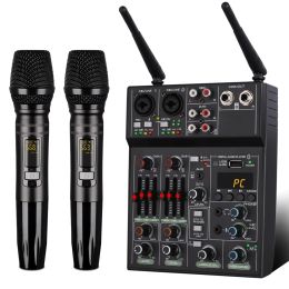 Microphones 4 Channel Audio Mixer Professional UHF Wireless Microphone System Stage Performance Karaoke Microphone Sound Mixer Phantom Power