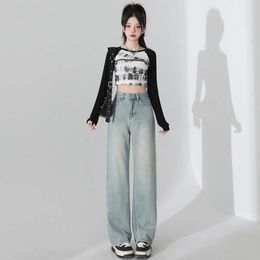 Jeans Womens Spring 2024 New High Waist Slimming Design with V-shaped Floor Sweeping Wide Leg Pants