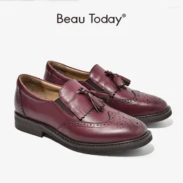 Casual Shoes Loafers Women Genuine Calfskin Leather Fringes Brogue Round Toe Slip On Ladies Dress Flats Handmade BeauToday 21047