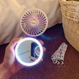 Decorative Figurines Folding USB Halter Portable Handheld Fan With Light Makeup Mirror Integrated