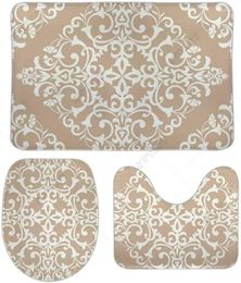 Bath Mats Anti-Skid Rug U-Shape Contour Mat Toilet Seat Lid Cover Coral Fleece Style Baroque Floral 3 Piece