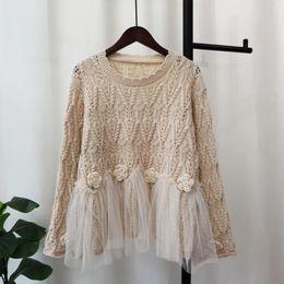Women's Sweaters Hsa Three-dimensional Flower O-neck Knitted Sweater 2024 Lace Spliced Loose Girls Sweet Knitwear Long Sleeve Chic Tops