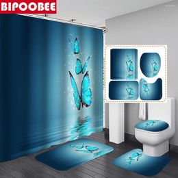 Shower Curtains Blue Butterfly Reflection Print Curtain Waterproof Fabric Bathroom Partition Soft Bath Mat Set Toilet Lid Cover