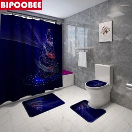 Shower Curtains Christmas Tree Print Bathroom Set Black Anti-slip Carpet Toilet Cover Rugs Pedestal Bath Mat Festival Curtain