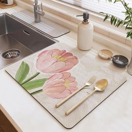Table Mats Modern Diatomaceous Dish Drying Mat Elegant Tulip Printed Drain Pad Non-Slip Super Absorbent Dinnerware Rug