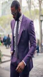 Custom Made Fashion Purple Men Wedding Suits 2018 Cheap Two Piece Groom Tuxedos Peaked Lapel Men Prom Party Suit JacketPants3427847