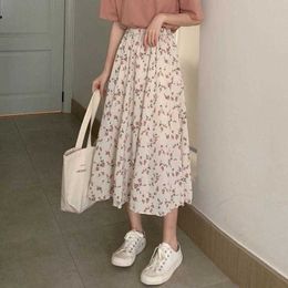 Summer Women Korean Skirt Streetwear Vintage Floral Print A-line Pleated Long Skirts Drawstring Elastic Waist Midi