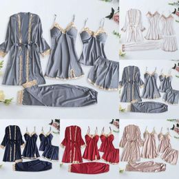 Home Clothing 5pcs Women Lace Satin Pyjamas Set Solid Sling Sleeping Dress Loose Homewear Nightgown Top Shorts Trousers With Robe