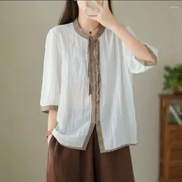 Women's Blouses Linen Shirts For Women Vintage Half Sleeve O-neck Casual Colour Blocking Single Breasted Korean Style One-piece Blouse Tops