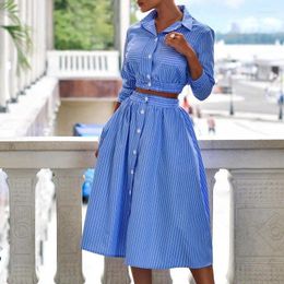 Work Dresses Summer Women's Clothing Dress Sets Turn-down Collar Striped Blouse Skirts Suit 2 Piece Casual Women Outfits Tops And