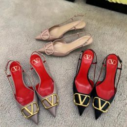 Designer high heels women's high heels pointed toe shoes classic metal V buckle v shoes nude black red matte thin 35-44