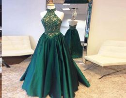 Goddess High Neck Dark Green Prom Dresses Lace Top And Satin Lower ALine Long Evening Gowns Zipper Backless Ruffle Formal Party D1750097