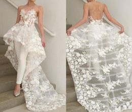 Chic Bohemian A Line Wedding Dresses Sheer Jewel Neck Lace Applique Backless Bridal Gown Boho Bride Dress without Pants3322768