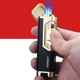 HONEST Windproof Metal Four Turbotorch Butane Without Gas Lighter Unusual Blue Flame Adjustable for Men Gift Cigar Accessories